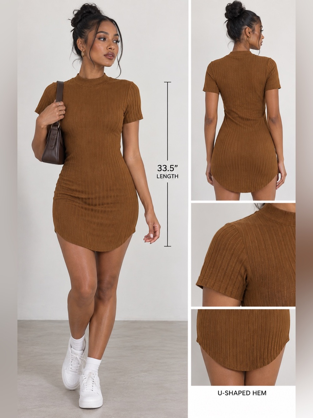 NWOT Ribbed Short Sleeve Bodycon Dress in Orange Brown Winter